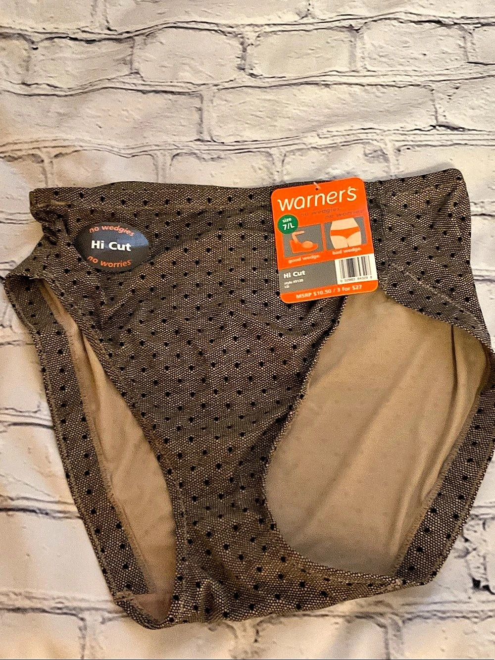 NWT Size Large (7) Warner's No Wedgies No Worries Hi-Cut Brief Tan and Black